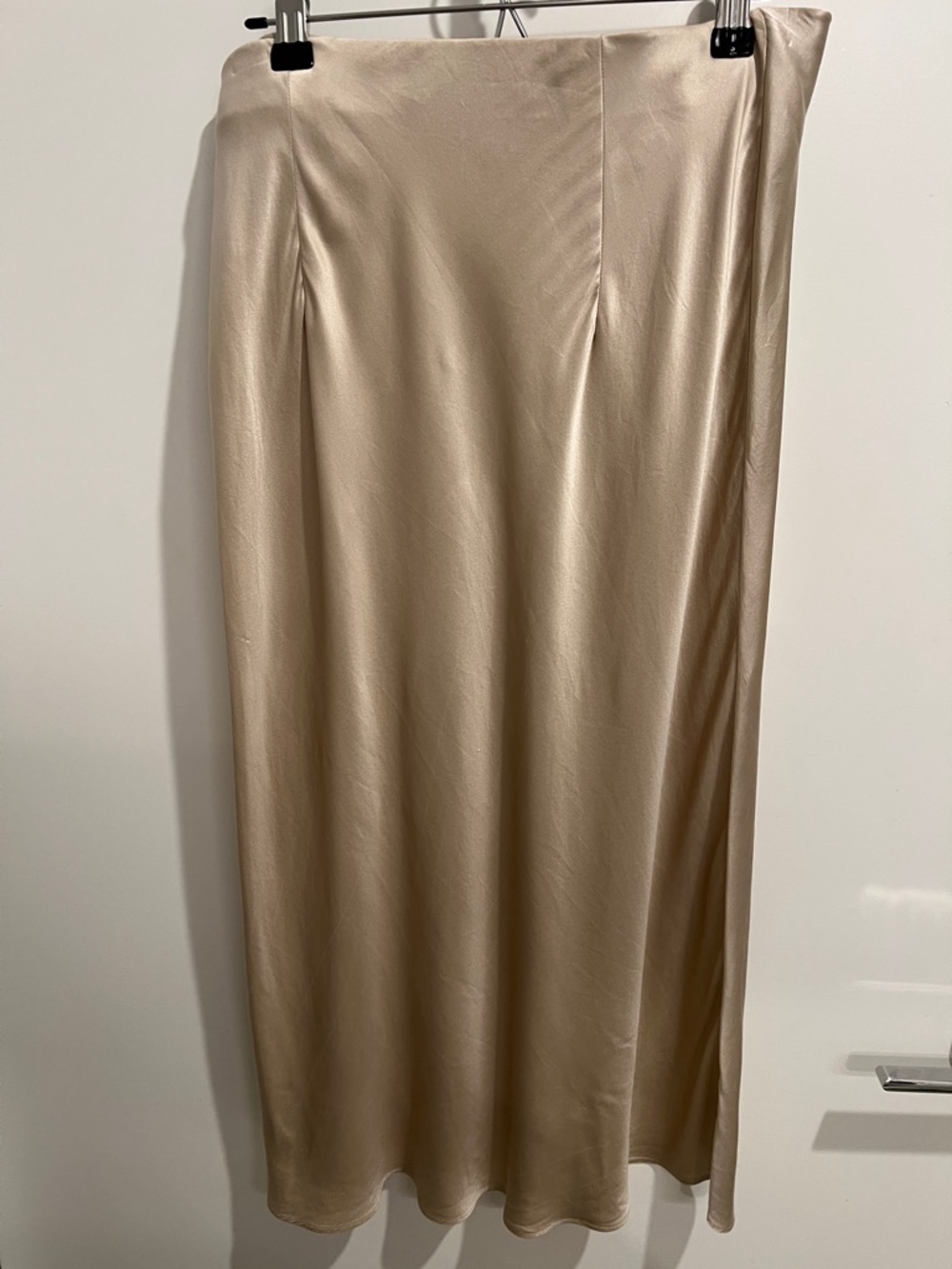 Quince Champagne-Beige Satin Midi Slip Skirt